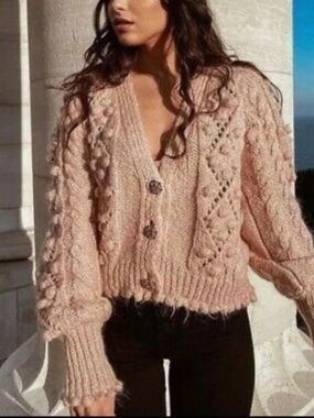 ZARA PINK TEXTURED WEAVE KNIT CARDIGAN JEWEl CRYSTAL BUTTON - alpaca/wool blend